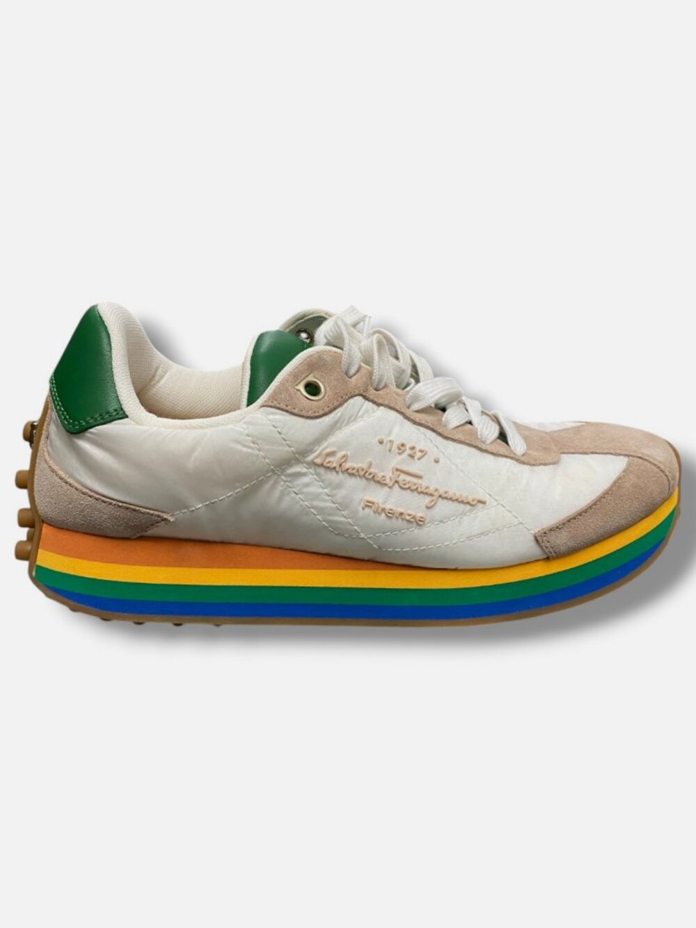 Ferragamo Women's White Iggy Mixed Media Low-Top Lace-Up Sneakers Shoes Size 7.5